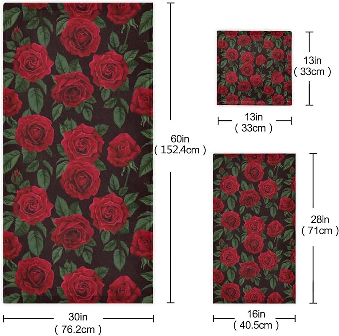 3 Piece Red Rose Floral Bath Towel Set,Microfiber Absorbent Decorative Vintage Flower Green Leaves Black Bathroom Towels,1 Bath Towel 1 Hand Towel for Bathroom Kitchen,1 Washcloth for Body Face