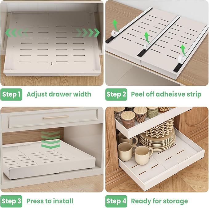 2 Pack Expandable Pull Out Cabinet Organizer, 21" Depth, for Kitchen Cabinets, Upgrade 3 Slide Slide-Out Drawers, Adjustable Width 12.05" - 20.5", White