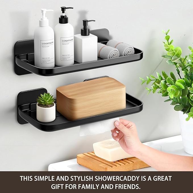 HINIHAO 2pc Wall Mounted Floating Shelf, Self Adhesive Small Shelf, No Drill Shelves for Wall, Floating Shelves Damage-Free Expand Walls Space for Living Room Kitchen Bathroom (Black)