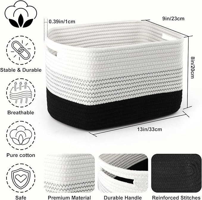 4 Pack Storage Baskets for Organizing, 12''Lx10''Wx8''H Woven Baskets for Storage Toys, Towels, Books, and Clothes, Cotton Rope Basket for Shelves with Handle (White & Black)