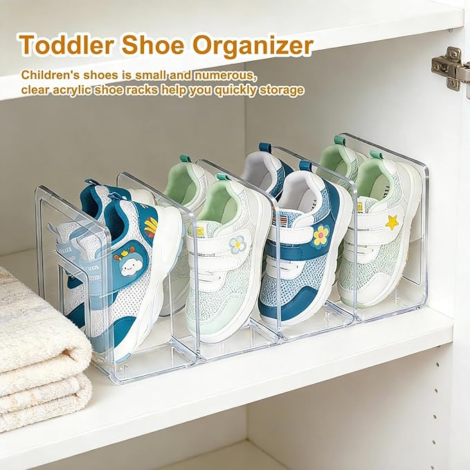 2 Pack Kids Shoe Storage, 4 Sections Toddler Shoe Organizer Clear Acrylic Shoe Rack for Closet, Space Saving Baby Shoe Organizer for Nursery, Children Room, Stackable