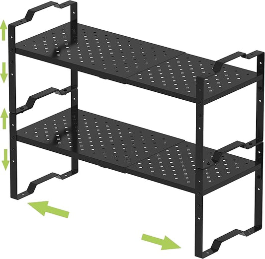 Expandable Shelf for Cabinet Organizer Adjustable Stackable Spice Rack at Kitchen and Bathroom More,Metal Plate with Hole (2 Packs/Black, Large)