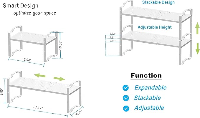 Expandable Shelf for Cabinet Organizer Adjustable Stackable Spice Rack at Kitchen and Bathroom More, Counter Countertop Cupboard Organization Pantry Storage, (2 Packs/White, Large)