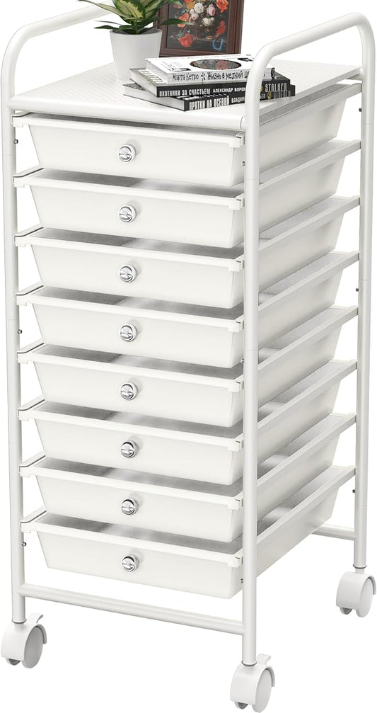 Simple Houseware Utility Cart with 8 Drawers Rolling Storage Art Craft Organizer, White