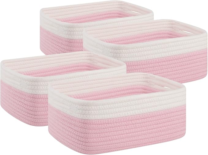OIAHOMY 4 Pack Storage Baskets for Organizing, Small Bins for Shelves, Cute Decorative Storage Bins, Organizer Baskets for Gifts Empty,13''Lx8.7''Wx5.1''H, Pink/White