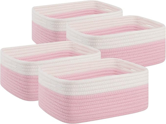 OIAHOMY 4 Pack Storage Baskets for Organizing, Small Bins for Shelves, Cute Decorative Storage Bins, Organizer Baskets for Gifts Empty,13''Lx8.7''Wx5.1''H, Pink/White