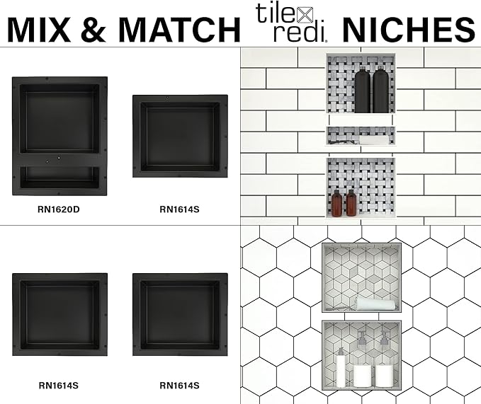 Tile Redi USA Niche Single Recessed Shower Shelf – Black, One Inner Shelf, 16-Inch Width x 14-Inch Height x 4-Inch Depth (620)