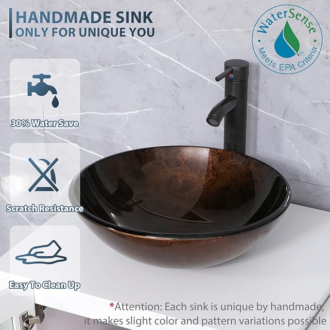 eclife 84" Modern Bathroom Vanity Sink Combo Freestanding Cabinet with Small Side Cabinet, Brown Round Glass Vessel Sink, Water Save Faucet, Drain (Black+A09)
