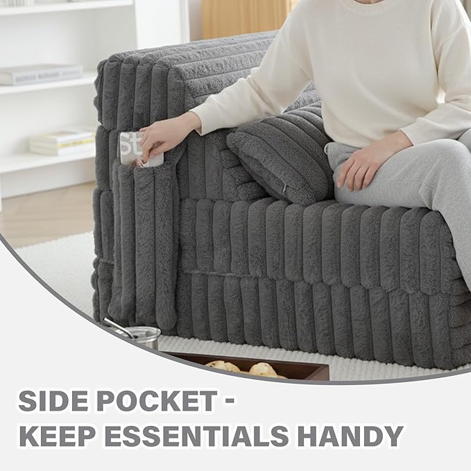 Tiita Folding Sofa Bed Single Size, Convertible Sleeper Chair Mattress with Pillow, Thick Corduroy Floor Mattress Couch Bed with Side Pocket, Guest Room, Dorm, Apartment, Grey