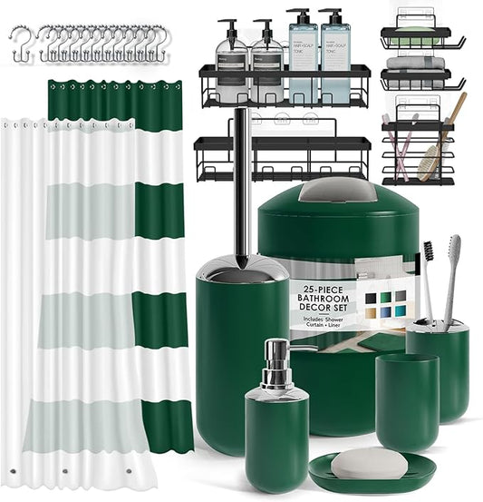 Clara Clark Bathroom Accessories Set - Bathroom Set with Adhesive Corner Shower Caddy Hanging, 25PC Bathroom Accessory Set, Green Shower Curtain Set, Toilet Brush, Trash Can & Soap Dispenser