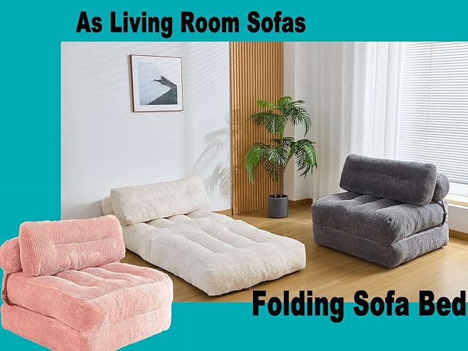Folding Sofa Bed, Convertible Sleeper Chair Couch Bed Faux Rabbit Fur for Adults, with Back Support Floor Couch Comfy Floor Sofa for Living Room Bedroom, Dusty Pink, Single