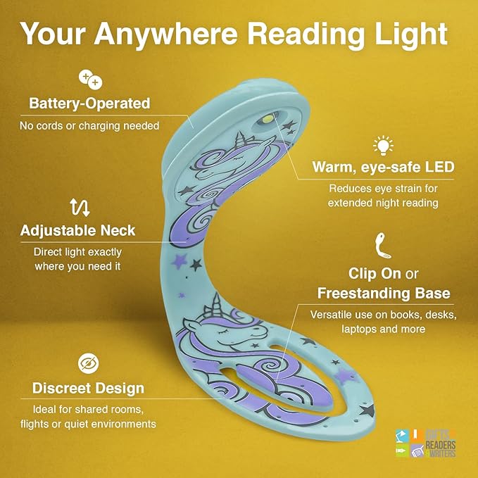 Gifts for Readers & Writers Book Light, Clip On Reading Light for Bed, 2in1 Flexilight & Bookmark, Small & Lightweight with a Soft Glow, 2 Batteries Included, Unicorn