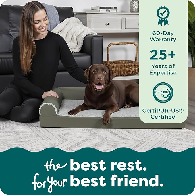 FurHaven Orthopedic Dog Bed for X-Large Dogs, L-Shaped Chaise Contour Mattress with Egg Crate Orthopedic Memory Foam for Joint Support, Removable Washable Cover, Jumbo/XL, Faux Fur & Suede, Dark Sage