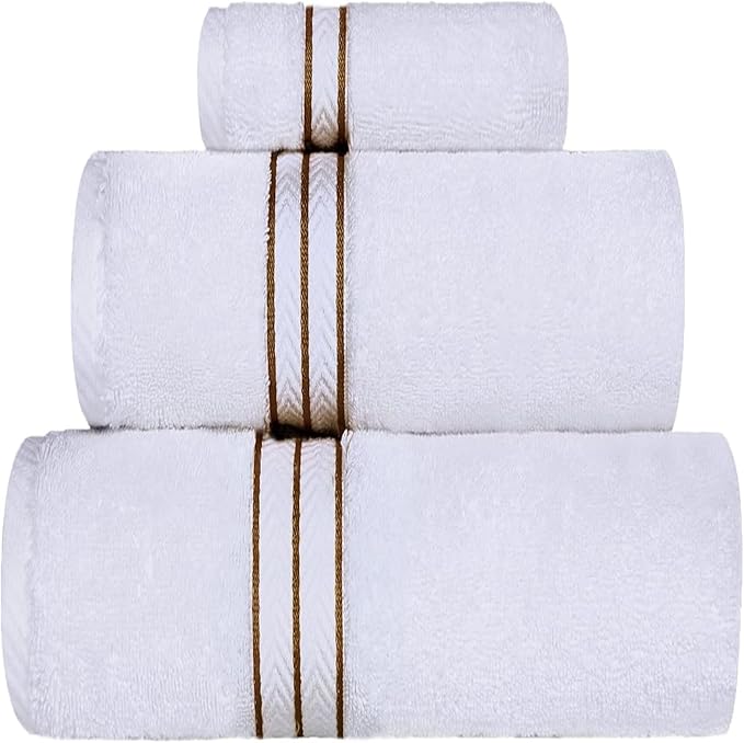 Superior Hotel Turkish Cotton 3 Piece Towel Set, Ultra Plush Spa Quality Heavyweight Essentials for Bathroom, Thick Absorbent and Soft, Dobby Border, Includes 1 Bath 1 Hand 1 Washcloth, Toast