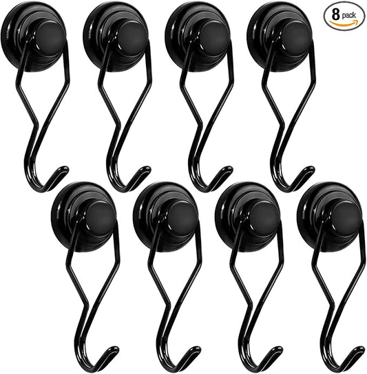 E BAVITE Swivel Swing Black Magnetic Hooks, 80lbs Heavy Duty Neodymium Magnet Hook with Black Epoxy Coating for Refrigerator, Cruise, BBQ Grill Tools etc, 2.66in in Length, Pack of 8