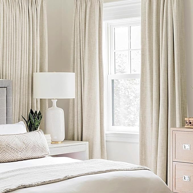 MIULEE 100% Blackout Linen Textured Curtains for Bedroom Solid Thermal Insulated Cream Grommet Room Darkening Curtains & Drapes Luxury Decor for Living Room Nursery 52 x 63 Inch (2 Panels)