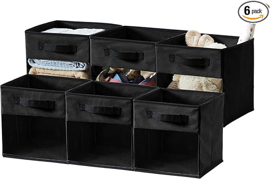 DECOMOMO Storage Bins, Cube Storage Bin with Window, Fabric Storage Cubes for Shelves (11" / 6pcs, Black)