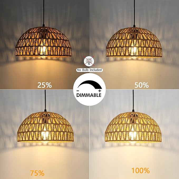 HuisMier Rattan Hanging Lamp Plug in Pendant Light with 15 Ft Plug in Cord, Wicker Woven Basket Lampshade Hanging Light with Dimmable Switch, Boho Plug in Pendant Light for Kitchen Farmhouse Bedroom