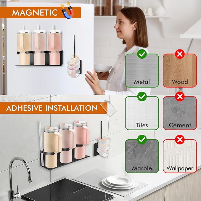 Magnetic Cup Holder for Fridge, Tumbler Water Bottle Organizer for Stanley, Tumbler Lid Organizer Cup Rack Storage for Stanley Cup Accessories