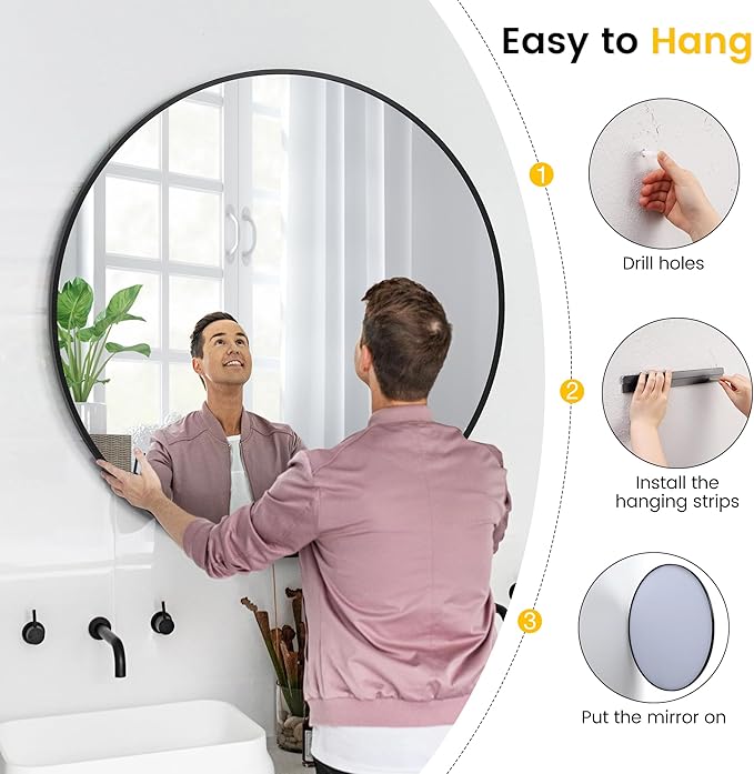 GarveeHome Black Round Mirror, 30 Inch Large Aluminum Alloy Frame Circle Mirror, High Definition Eco-Friendly Round Bathroom Mirror for Over Sink, Wall Mirror for Entryway, Bathroom, Vanity