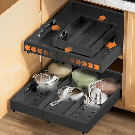 Pull out Cabinet Organizer Expandable W(12"-20") and D(16"-22"), No Drill Adjustable Slide Out Drawers With 3 Slide Rails, 2Pcs Magnetic Panel, Adhesive Roll out Shelves for Kitchen, Cabinets, Pantry