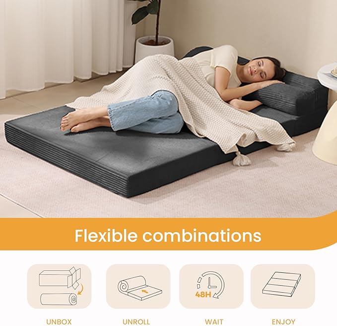 Folding Mattress Full Size, 3 in 1 Convertible Sofa Bed Fold Out Couch Bed Floor Couch Lounge Sleeper Mattress for Living Room, Guest Room, High-Density Memory Foam 5'' Thickness, Grey