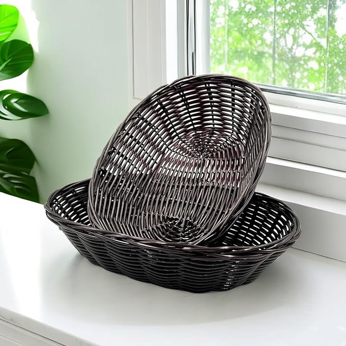 Cheardia 12 Pack Plastic Oval Basket, 8.6 X 6.3 X 2.1 Inch Woven Bread Baskets for Serving Small Empty Gift Baskets, Imitation Rattan Basket for Kitchen Restaurant Centerpiece Display - Dark Brown