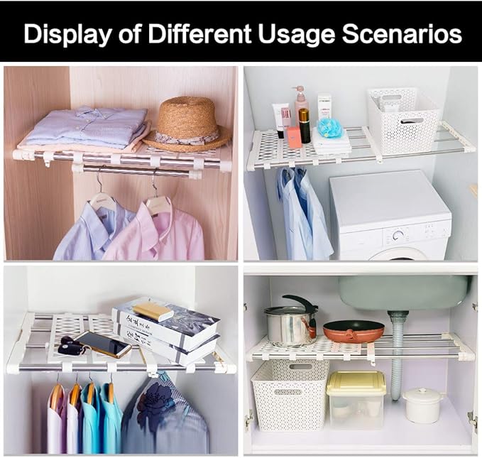 BAOYOUNI Closet Expandable Shelf Rod Clothes Storage Rack Holder Wardrobe Hanger Dividers with 12 Mesh Spacers and 1 Hanging Rod, 37.4-66.93 in
