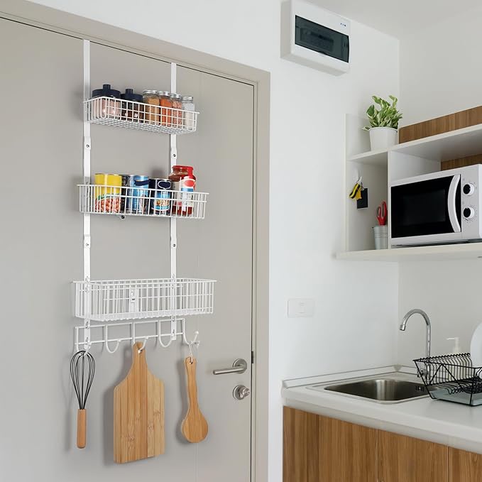 ETELI Over The Door Basket Organizer with 3 Mesh Baskets and 5 Hooks Heavy Duty Pantry Door Organizer Back of Door Storage Rack for Bathroom, Kitchen, Office, White