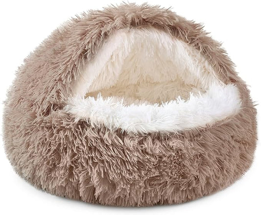 NOYAL Round Hooded Donut Dog Bed for Small & Medium Pets - Plush Fluffy Anti-Anxiety Cat Cave Bed with Cover