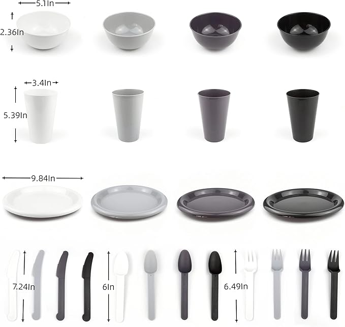 24Piece Plastic Plates and Bowls Sets Dinnerware Set Dishes Set for 4,College Dorm Room Essentials,Camping Plates and Bowls with Tumbler,Knives,Forks and Spoons,Mess Kit,Microwave Safe,BPA Free