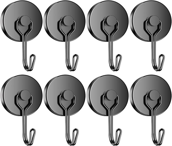 Grtard 110LBS Strong Magnetic Hooks, 8 Pack Swivel Swing Magnetic Hooks Heavy Duty, Black Neodymium Magnet Hooks for Cruise Cabin, Magnets with Hooks for Refrigerator, Grill, Classroom, Garage