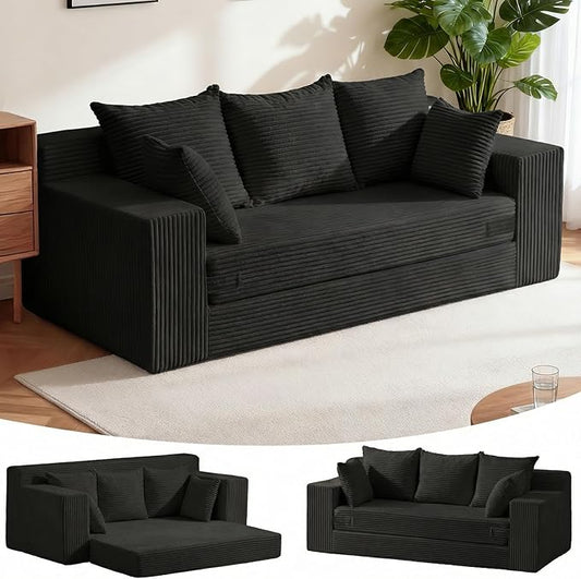 Convertible Sofa Bed, Pull Out 3 Seater Sleeper Sofa, 70" Black Boneless Couch Fold Out Floor Couch with 5 Pillows for Living Room Bedroom Lounge Small Space