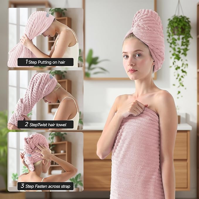 REDKISS Pink Microfiber Bath Towels Set 8 Piece - 70x35 Inches Bathroom Towels of 8 Large, Oversized Bath Towel with 2 Hair Towel Wrap, Highly Absorbent Soft Shower Towels for Bathroom, Hotel, Gym