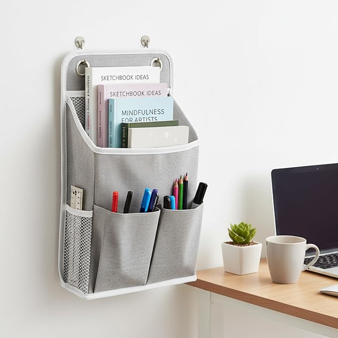 Hanging Organizer with Pockets, Wall Hanging Baskets for Organizing, Storage Basket Bedside Caddy Camper Fabric File Organizer Holds Books, Phones, Glasses, Mail, Keys for Home, Office, Dorm (Grey)