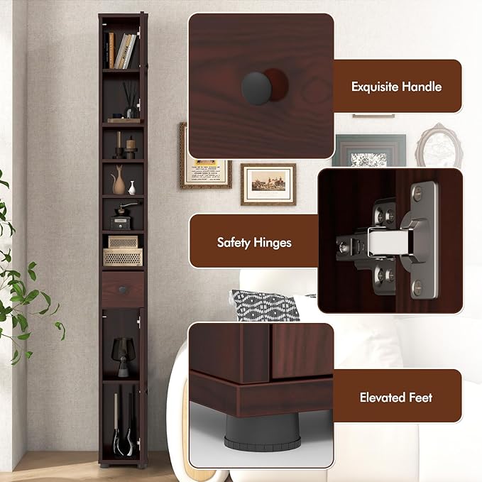 LDAILY 71”Tall Narrow Storage Cabinet, Skinny Bathroom Storage with 1 Drawer, 2 Doors, 5 Adjustable Shelves and Anti-Tipping Device, Wooden Slim Bathroom Cabinet for Office, Kitchen, Small Space