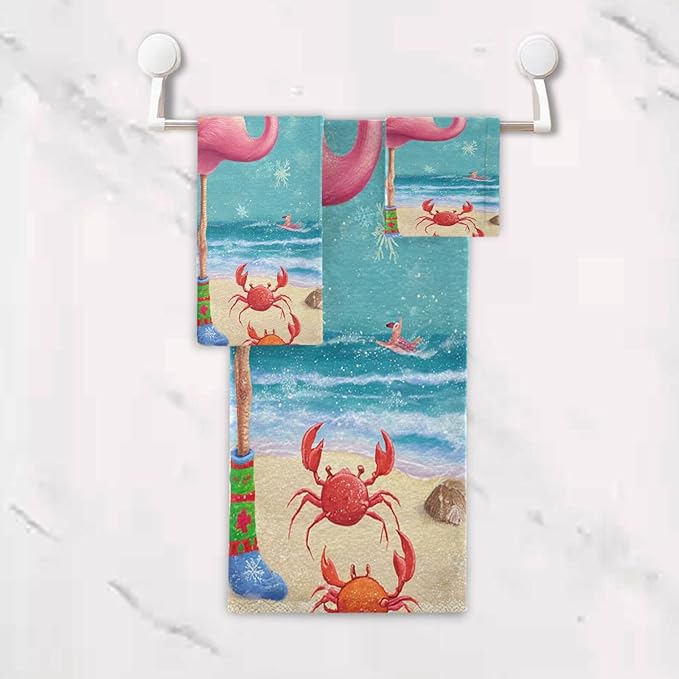Christmas Winter Towels Set of 3 Christmas Tropical Flamingo Palm Tree Crab Bathroom Towel Soft Absorbent Bath Hand Towels Washcloth Guest Towel Sets Xmas Holiday Decor