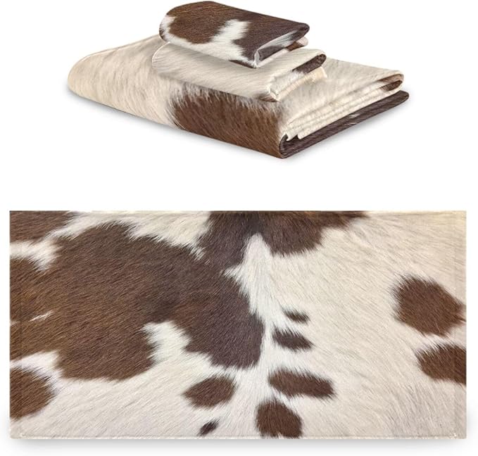 3 Piece Cowhide Print Bath Towel Set,Microfiber Decorative Brown Beige Cow Print Western Farmhouse Animal Bathroom Towels,1 Bath Towel 1 Hand Towel for Bathroom Kitchen,1 Washcloth for Face