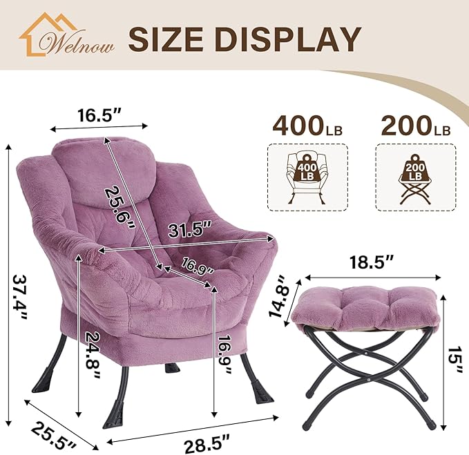 Welnow Lazy Chair with Ottoman, Modern Lounge Accent Chair with Armrests and a Side Pocket, Leisure Sofa Armchair Set, Reading Armchair with Footrest for Small Space, Plush Purple