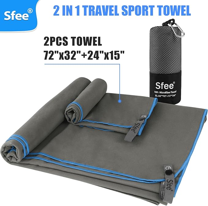 2 Pack Microfiber Travel Towel, Quick Dry Camping Towel Large Beach Towel Super Absorbent Compact Lightweight Sports Gym Towels Set for Gym, Hiking, Pool, Backpacking,Bath,Yoga