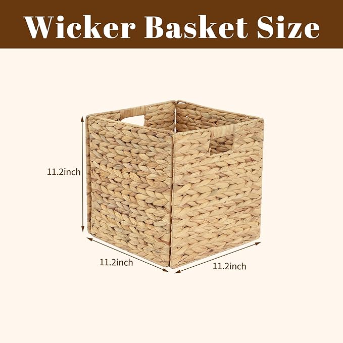 Foldable Wicker Storage Baskets 4-Pack, 11.2 Inch Collapsible Woven Cube Organizer Bins, Hyacinth Storage Baskets for Home, Shelf, Closet, Office Organization