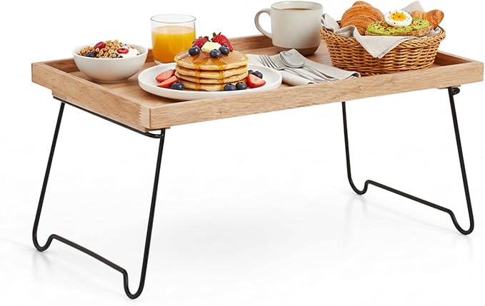 Rubberwood Serving Tray with Foldable Legs – Minimal Scandinavian Design Bed Tray Table – Elegant Wooden Breakfast in Bed Tray, Food Serving Tray for Eating, Snacks, Reading & Laptop Use