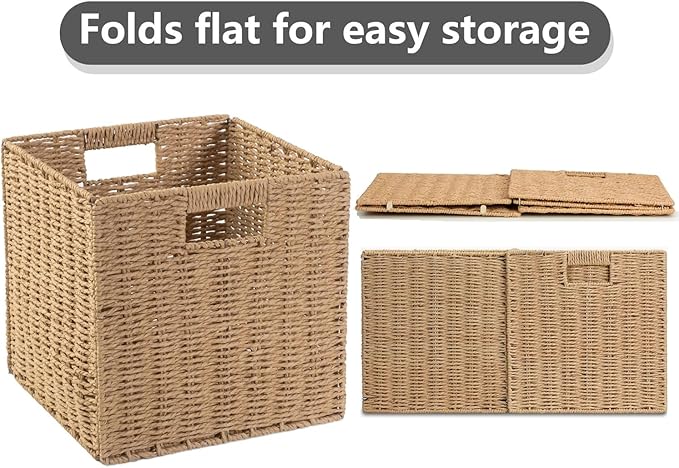 10.5x10.5inch Storage Basket,1Pcs Paper Brown Rope Woven Baskets, Foldable Handwoven Storage Cubes, Wicker Cube Baskets Laundry Organizer Totes for Bathroom Bedroom Laundry Pantry or Shelves