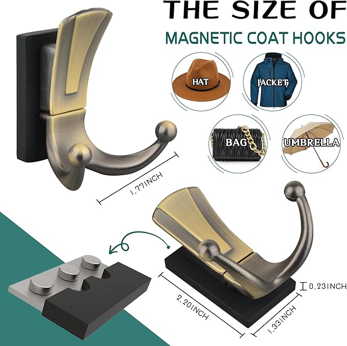 ULIBERMAGNET Magnetic Coat Hooks,Retro Heavy Duty Magnet Double Hooks for Metal Door,Cruise, Grill, Fridge, Kitchen, RVS,Coat Hanger Rack Decorative for for Towel,Coat,Bag,Umbrella
