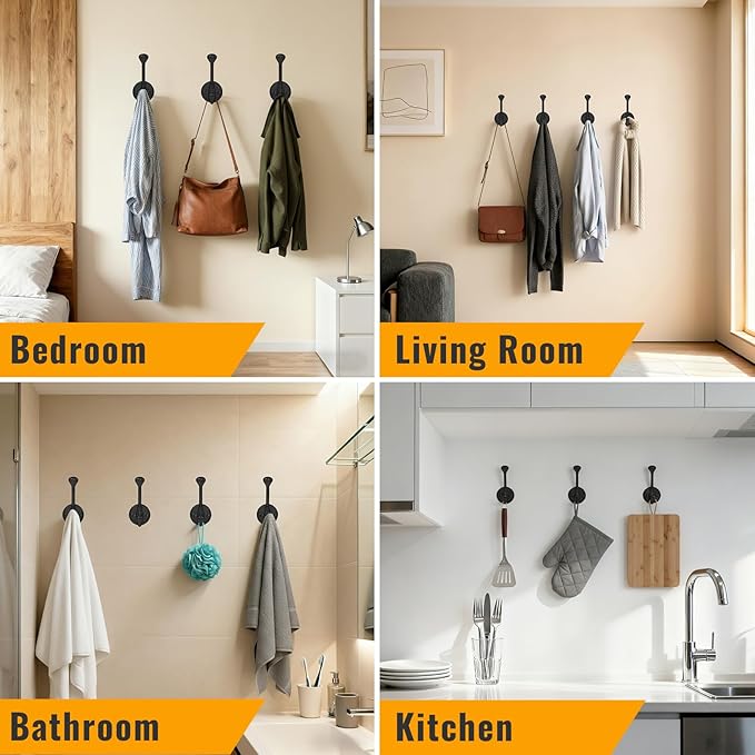 10 Pack Wall Hooks for Hanging, Heavy Duty Coat Hook Wall Mount, Easy to Install Metal Closet Hooks, Apply to Bathrooms, Bedrooms, Living Rooms, Entrances (Black)