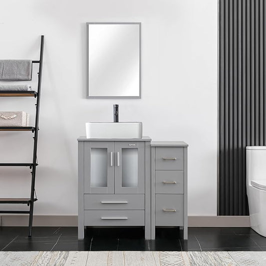 eclife 36" Modern Bathroom Vanity Sink Combo Freestanding Cabinet with Small Side Cabinet, White Black Ceramic Vessel Sink, Water Save Faucet, Drain (Gray+T03BK)