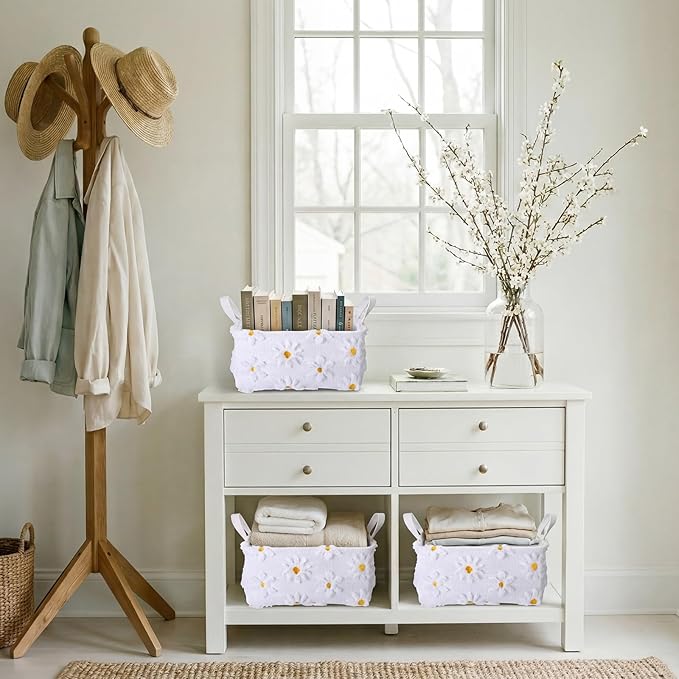 2 Pcs White Daisy Storage Baskets 14x10 Inch Easter Gift Basket Spring Floral Laundry Foldable Fluffy Plush Storage Bin with Handle Decorative Closet Organizer for Home Office Car