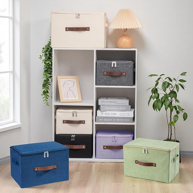 Storage Bins with Zipper Lid Foldable Fabric Lidded Storage Boxes Baskets Cubes Washable Collapsible PU Leather Handle Cotton Linen Shelves Closet Organizer Container(Purple, Large Size)