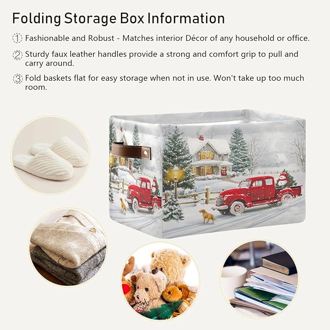 Red Truck Christmas Storage Basket Bin Xmas Tree Winter Snowman Fabric Storage Box Cube with Handles Kids Toys Hamper Closet Shelves Basket Organizer for Bedroom Nursery Home Decorative