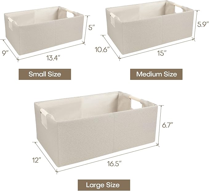 ANMINY 4PCS Storage Baskets for Organizing Collapsible Fabric Storage Bins Boxes with Wood Handles Closet Shelves Cube Organizer Bins Clothes Laundry Storage Container - Large, Beige
